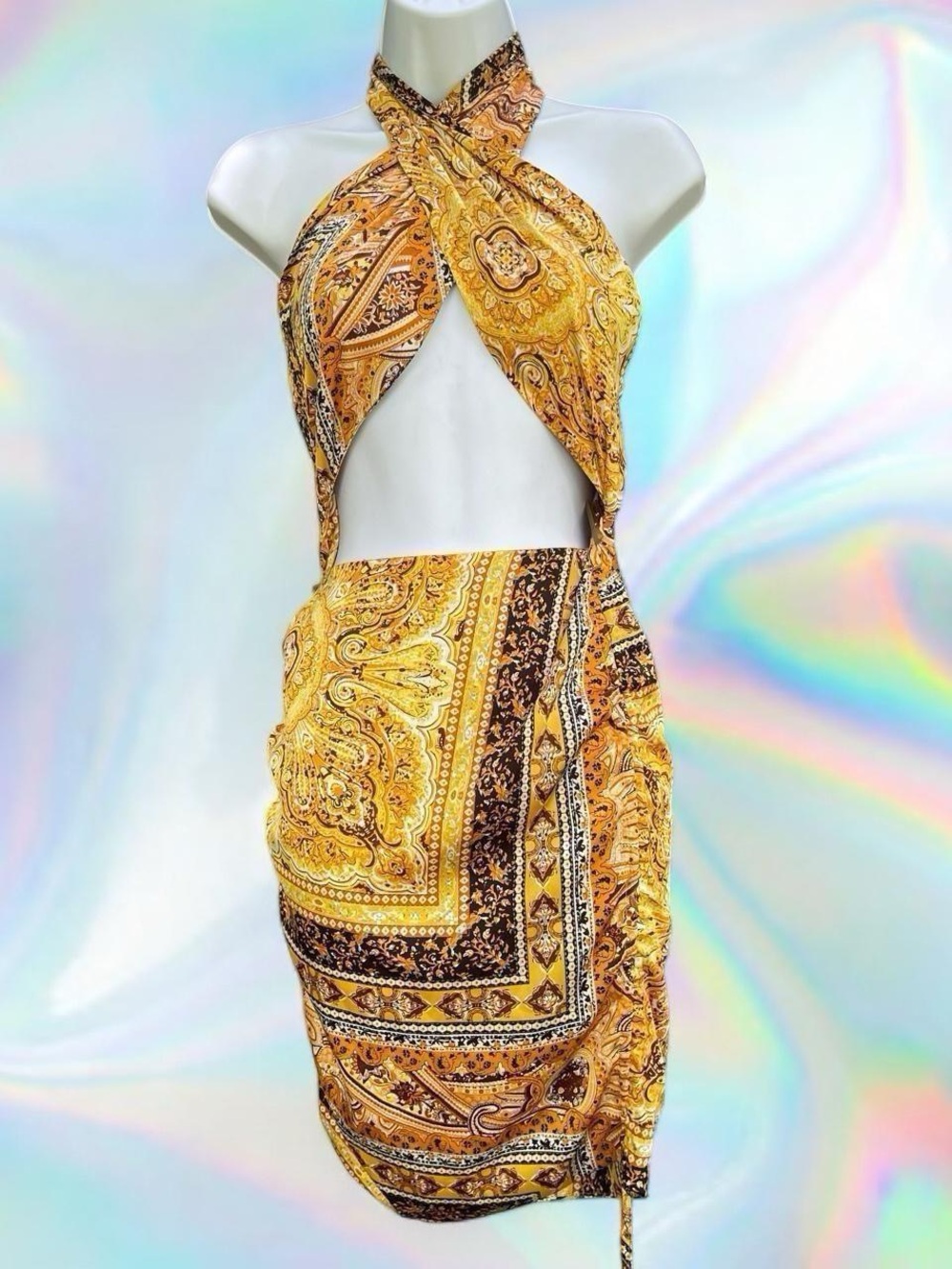 Yellow Paisley Halter Cutout Dress